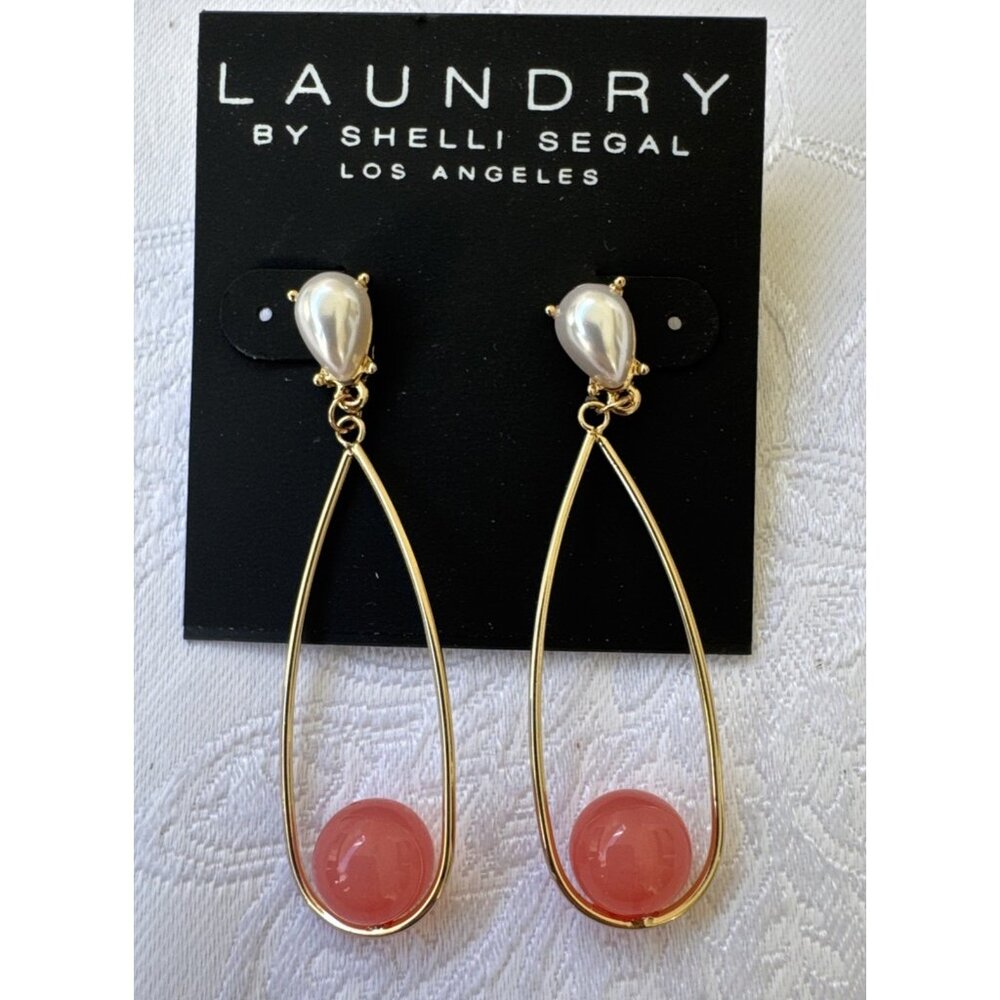 Laundry by Shelli Segal Orange Bead Pearl Goldtone Oval Hoops Dangle Drop NEW